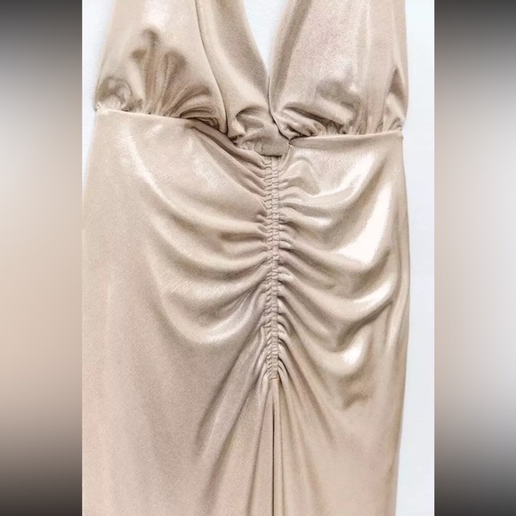 ZARA | Gold Lamé Halter Maxi Dress Backless Evening Gown - Picture 4 of 16